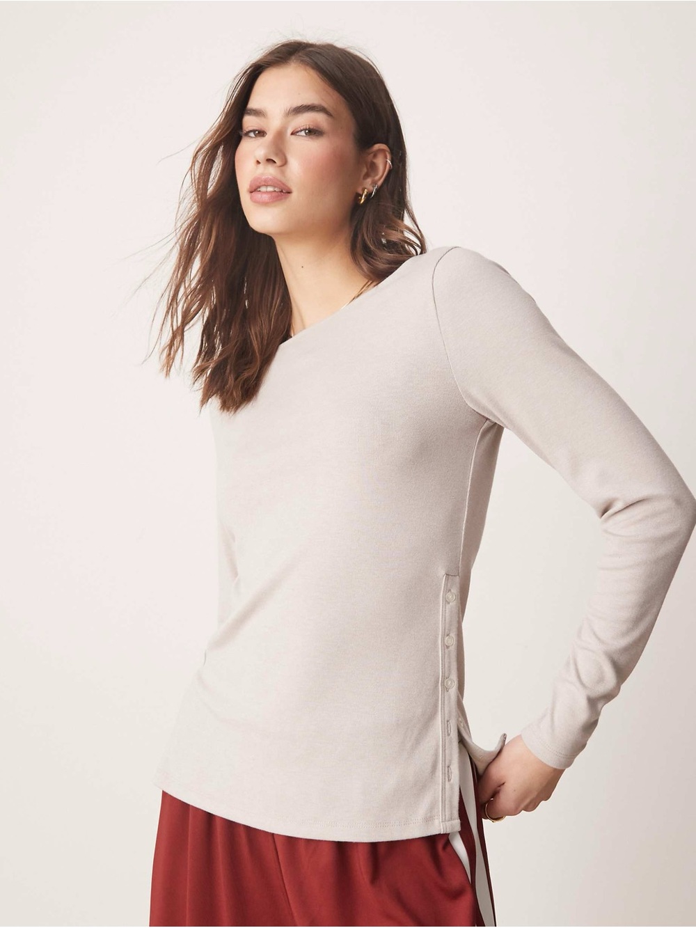 Abercrombie & Fitch Light Beige Long-Sleeve Side-Tie Top